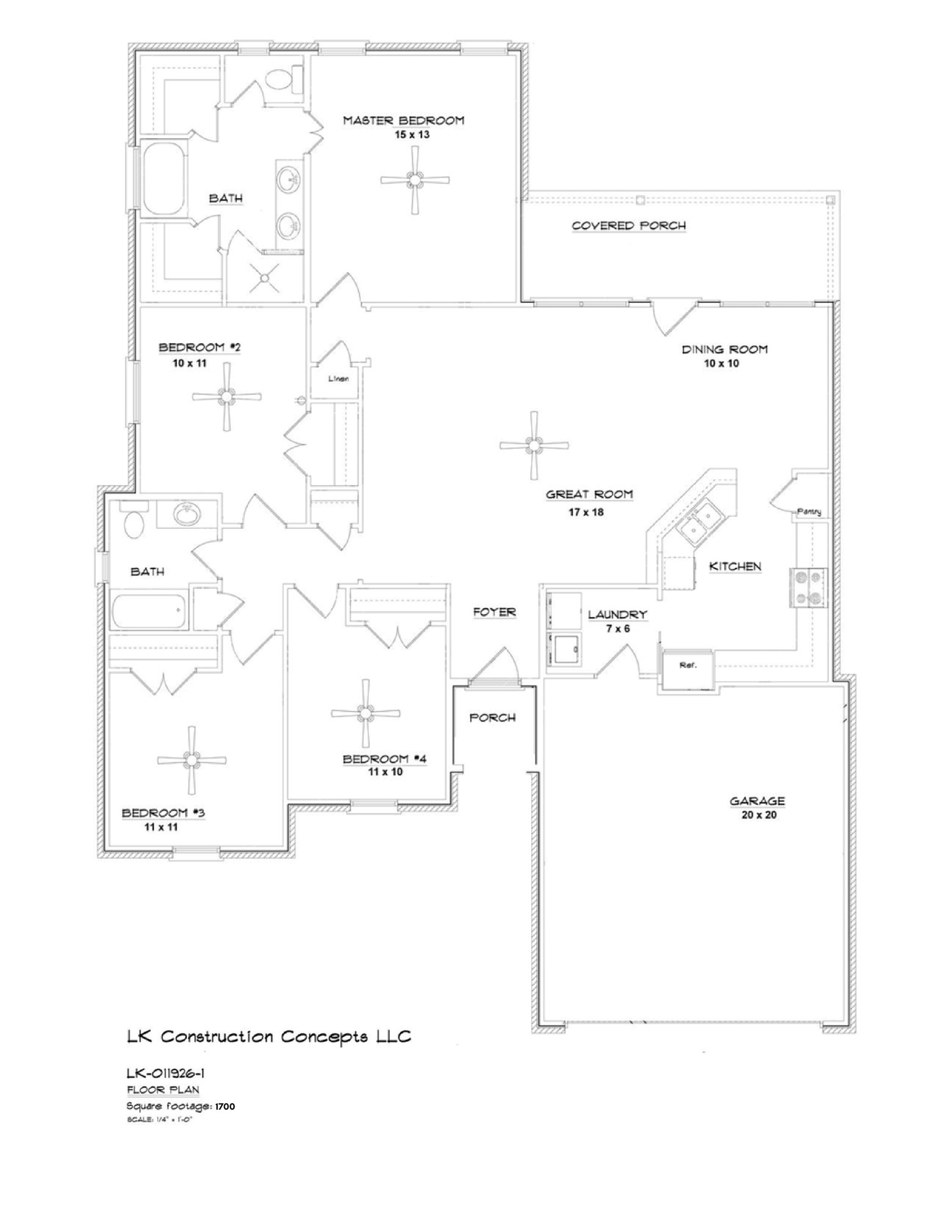 Floor plan of a 1,700-square-foot, four-bedroom home with a great room, kitchen, covered porch, and garage.