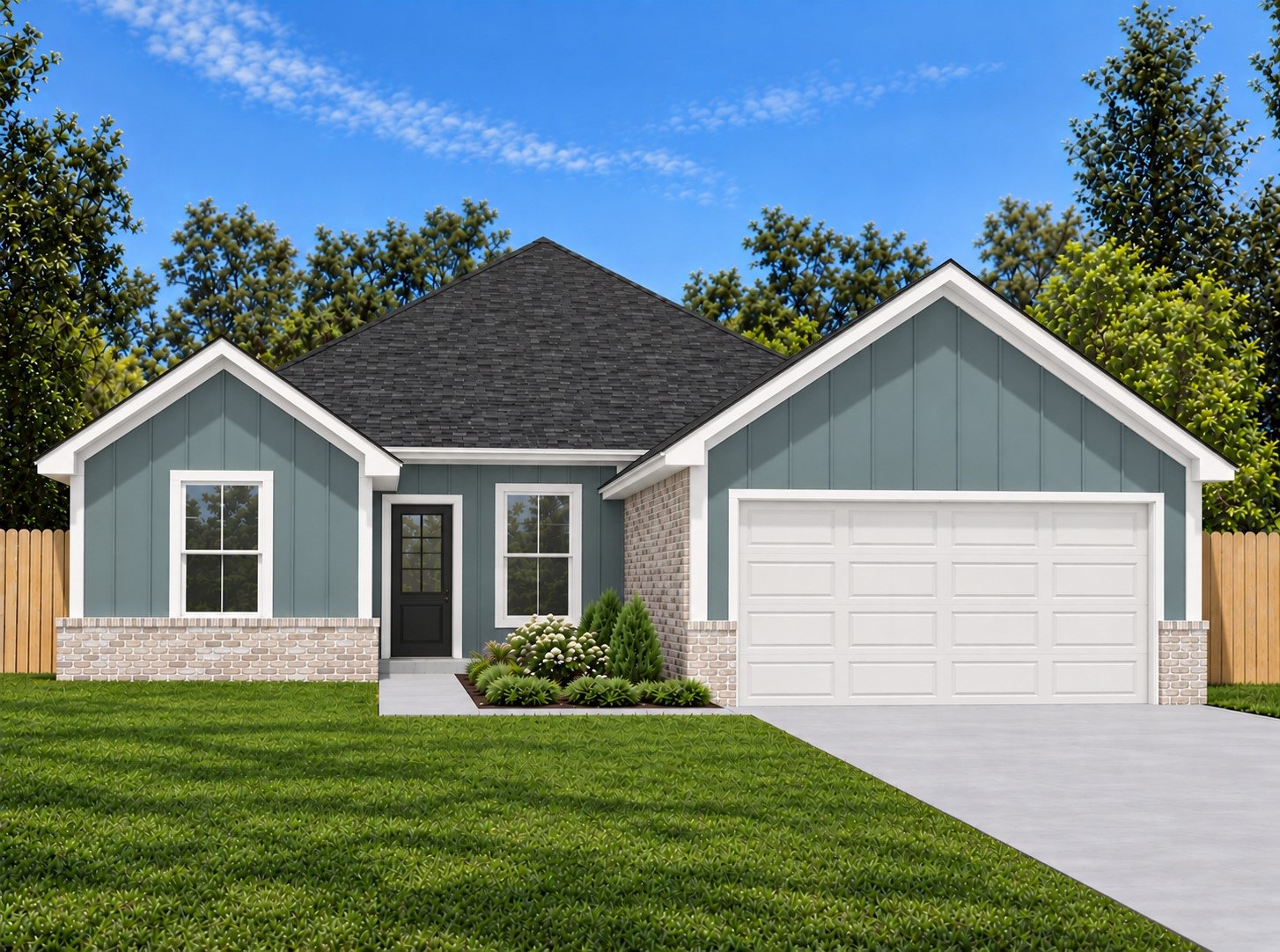 Blue-gray single-story house with brick accents, a two-car garage, and a landscaped front lawn.
