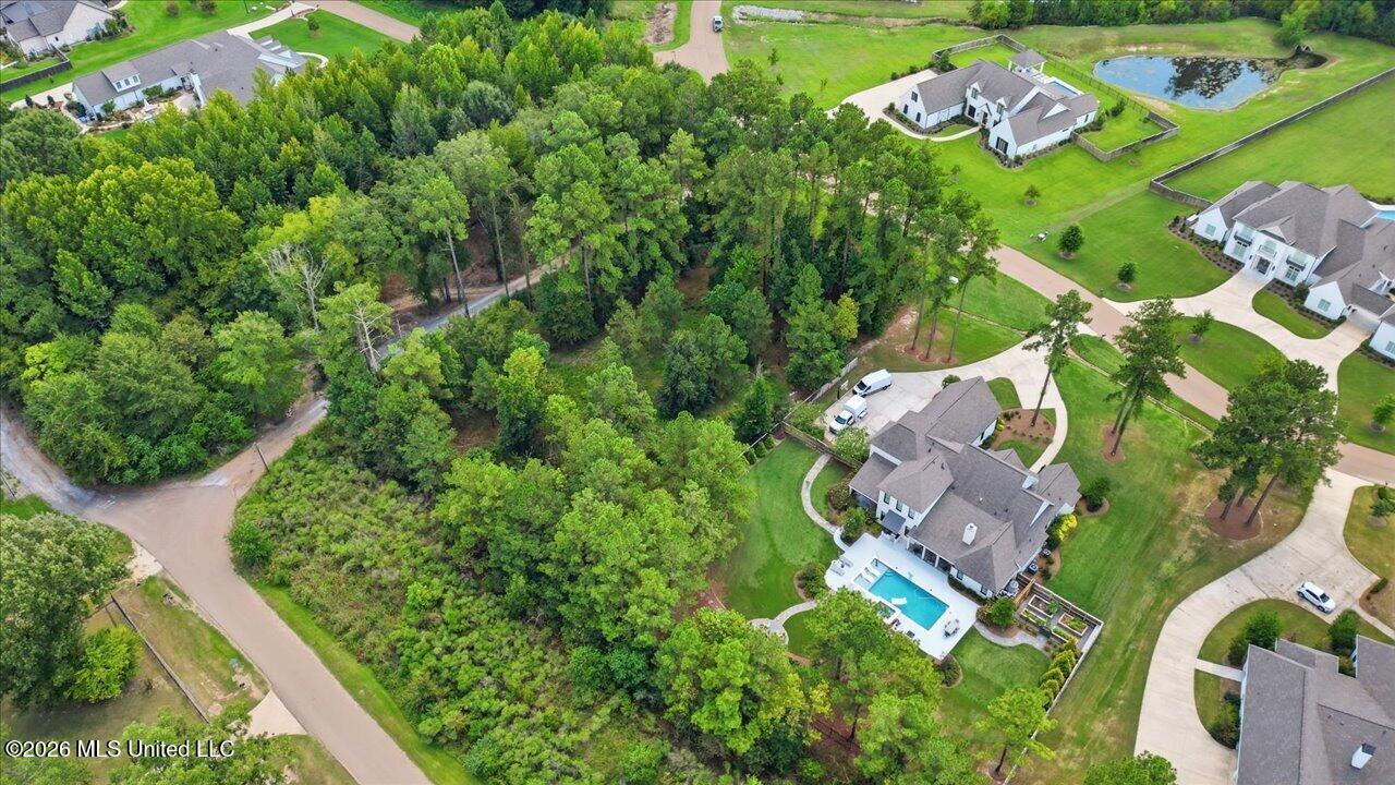 Aerial view of a home with a swimming pool beside a large wooded lot.
