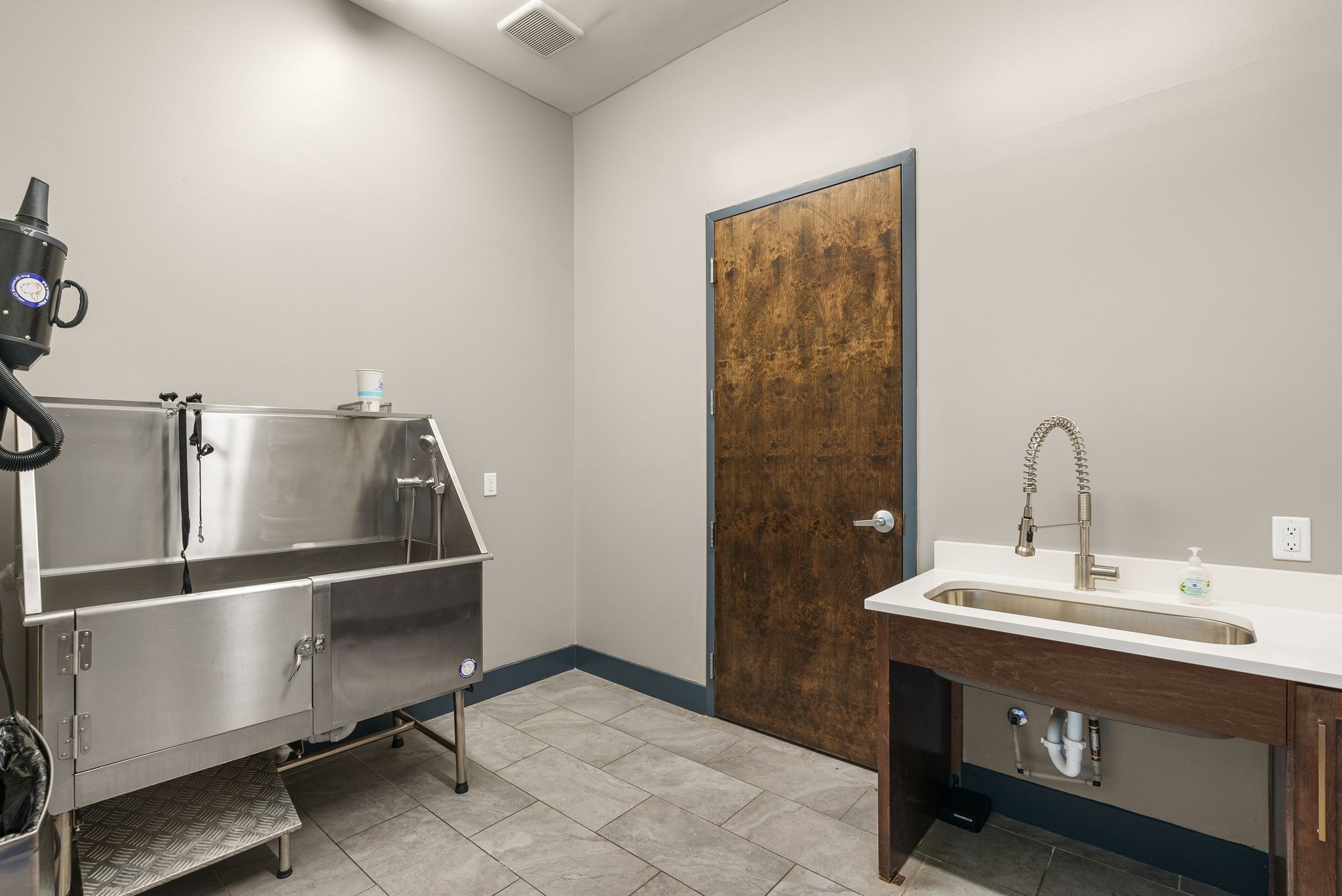 Pet-washing room with a stainless-steel tub and a separate sink.