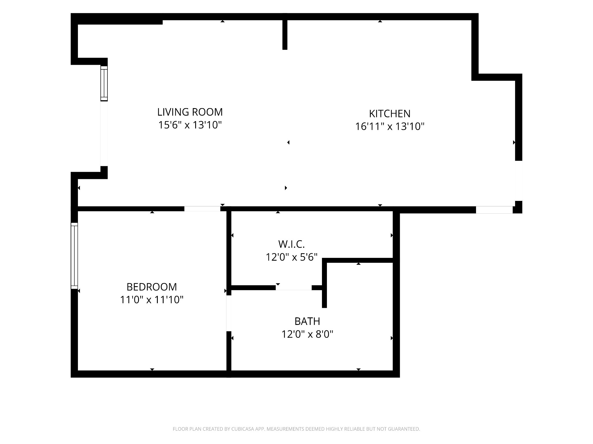 Floor plan with a living room, kitchen, bedroom, walk-in closet, and bath.