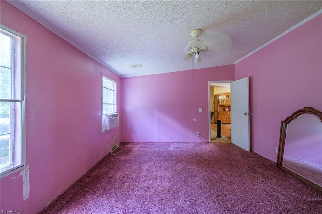 Empty pink bedroom with carpet, two windows, ceiling fan, and a large floor mirror.