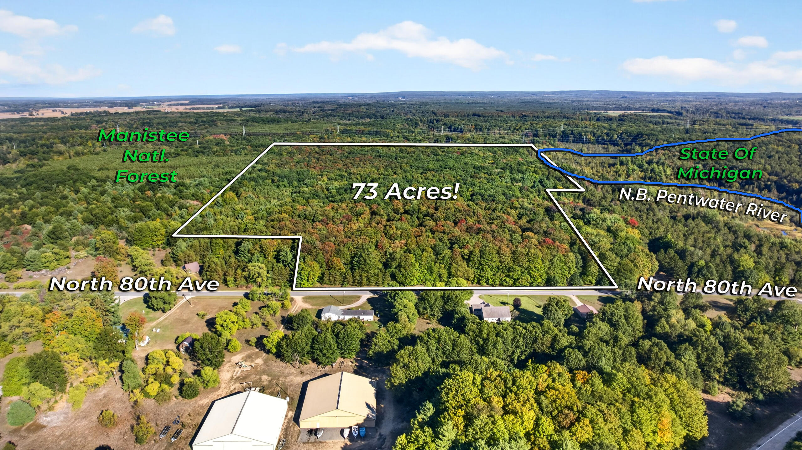 Aerial view of a 73-acre wooded parcel outlined along North 80th Avenue.
