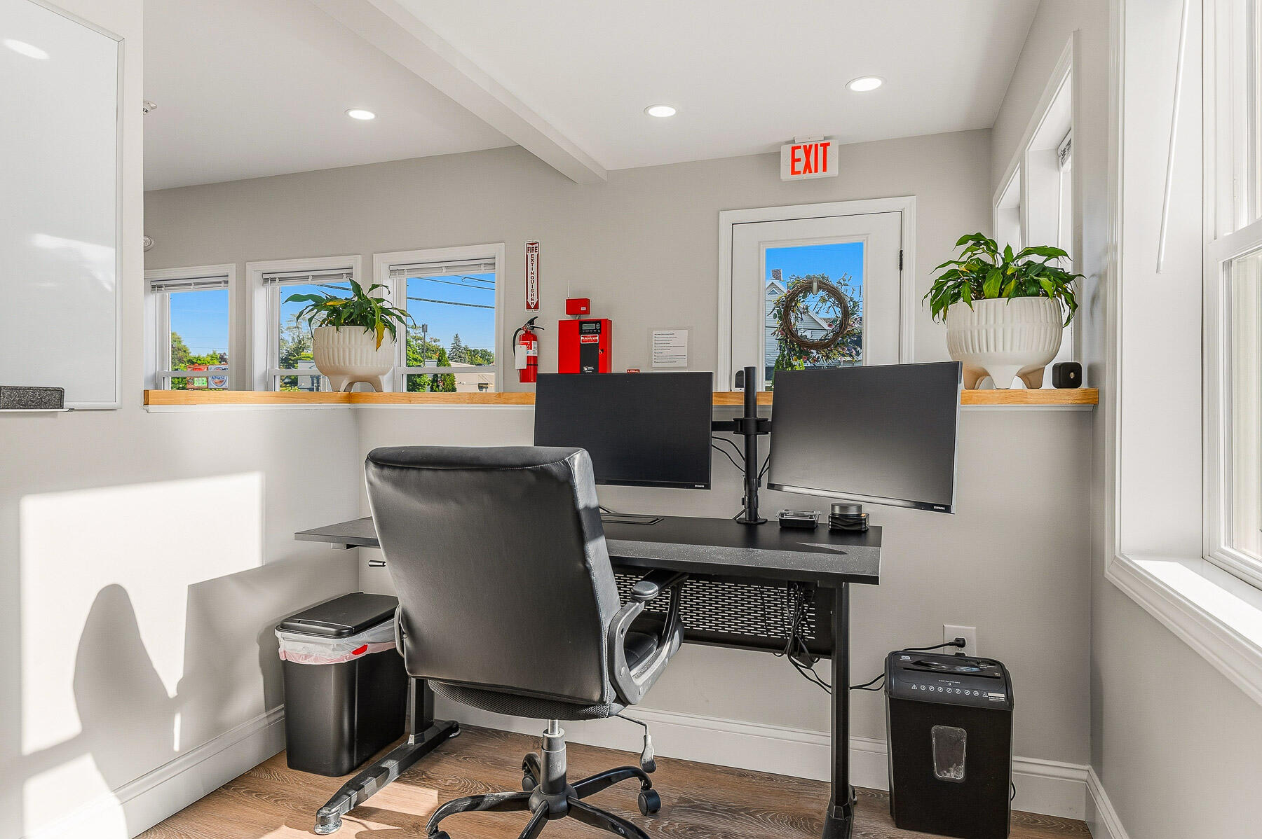 Bright office workspace with dual monitors, a black desk, and potted plants by the windows.