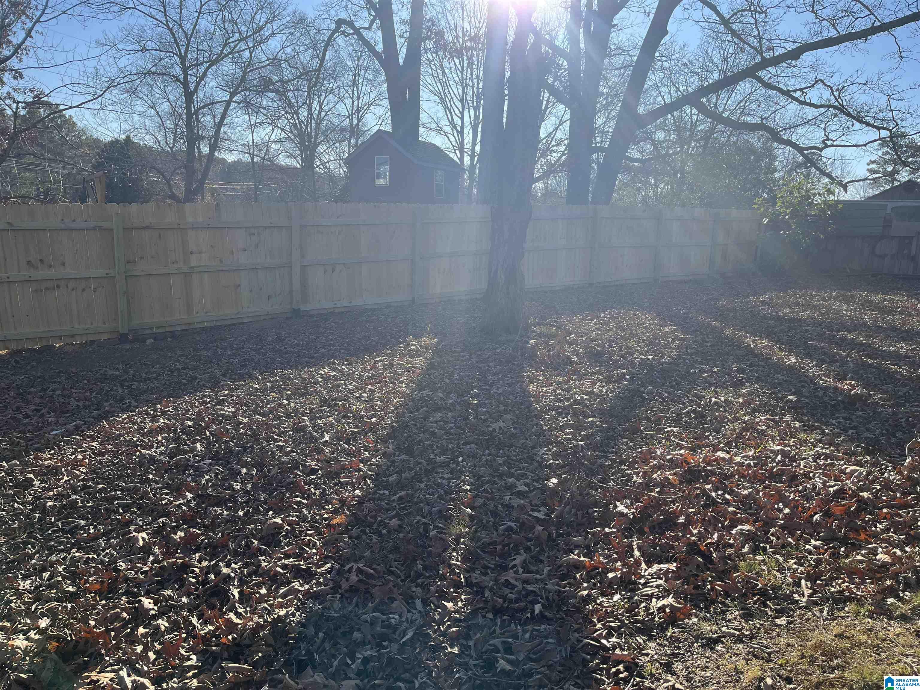 Leaf-covered backyard with a wooden privacy fence and mature shade trees.