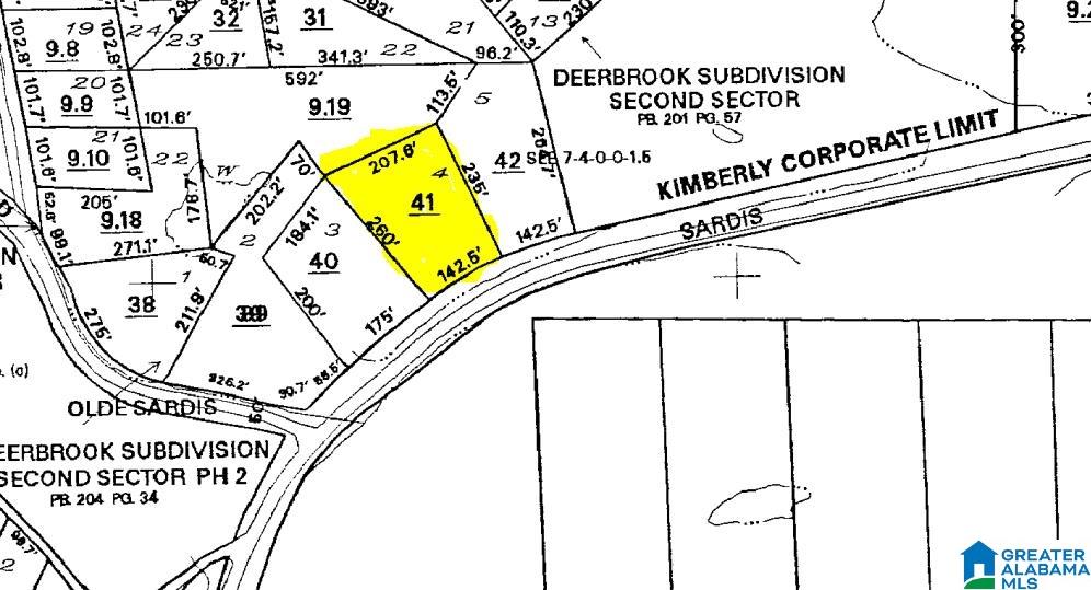 Plat map highlighting lot 41 along Sardis Road in Deerbrook Subdivision.