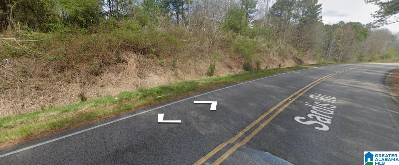 Sardis Road curves past a wooded roadside embankment.
