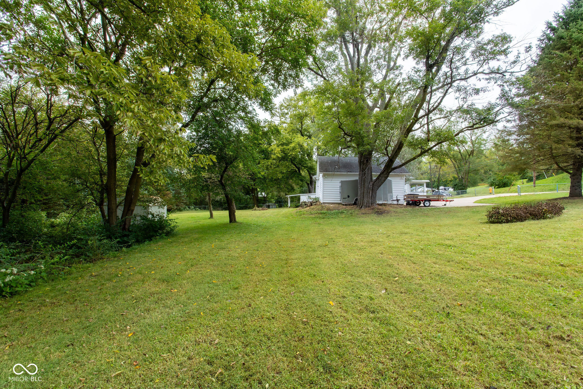 Broad grassy yard with mature trees, a small outbuilding, and a white house near the driveway.