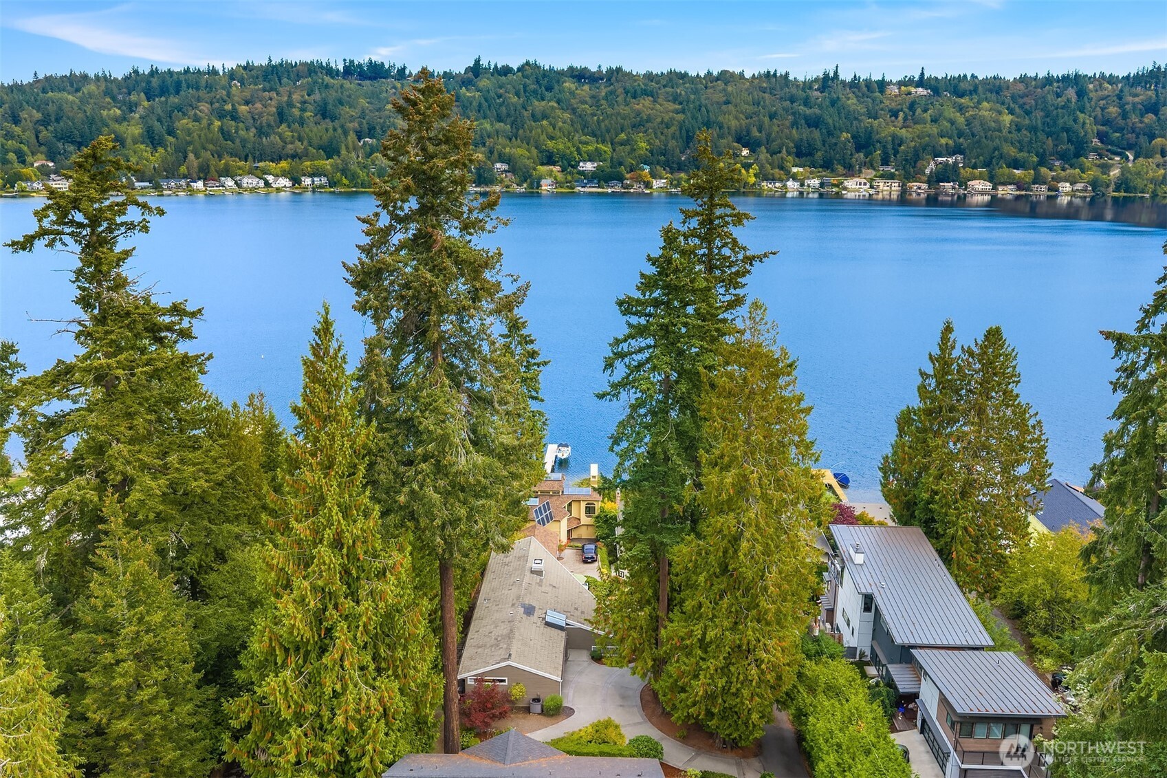 Aerial view of lakeside homes and evergreens overlooking a blue lake.