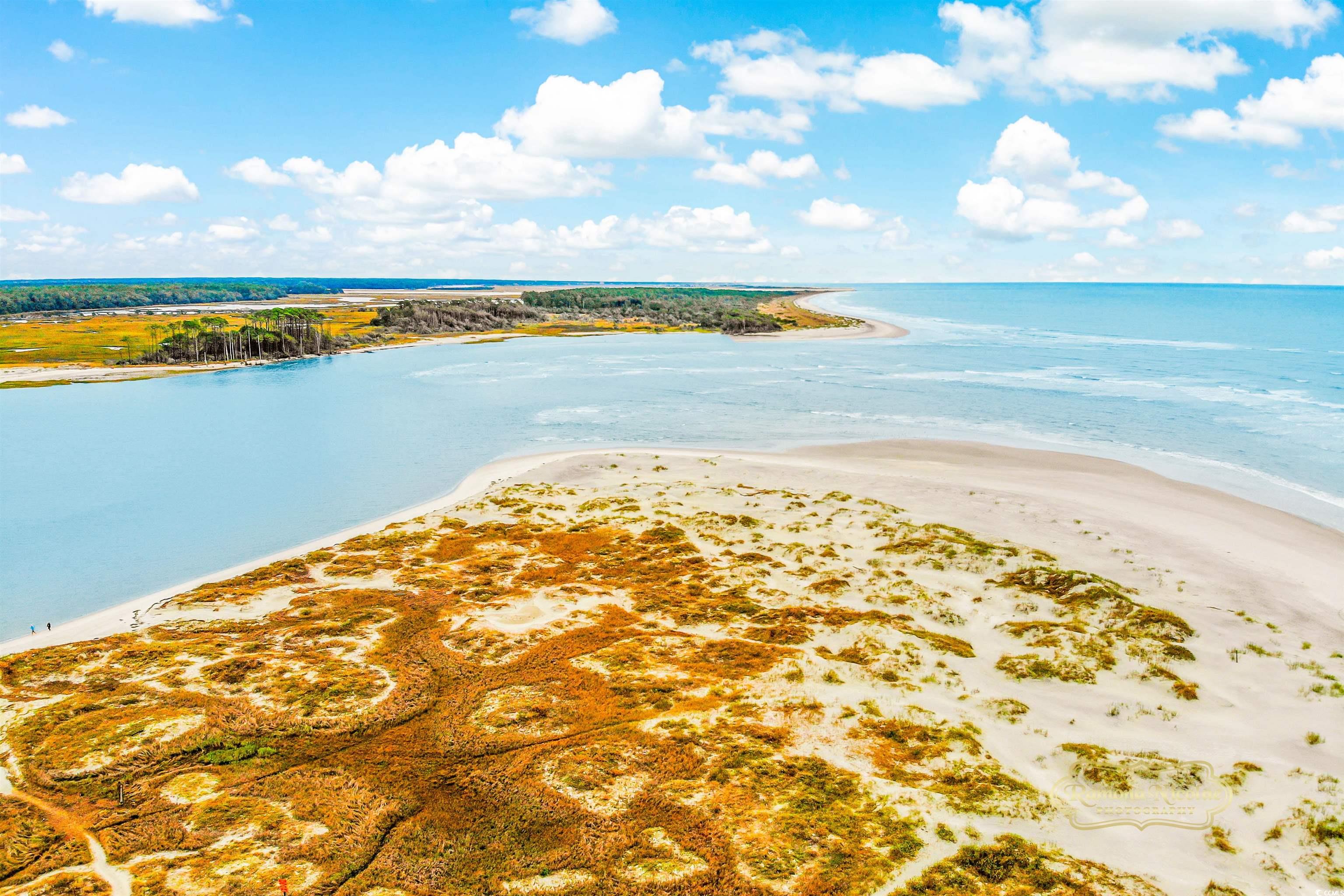 Aerial view of a sandy coastal spit between ocean and inlet, with scrub-covered dunes and marshland.