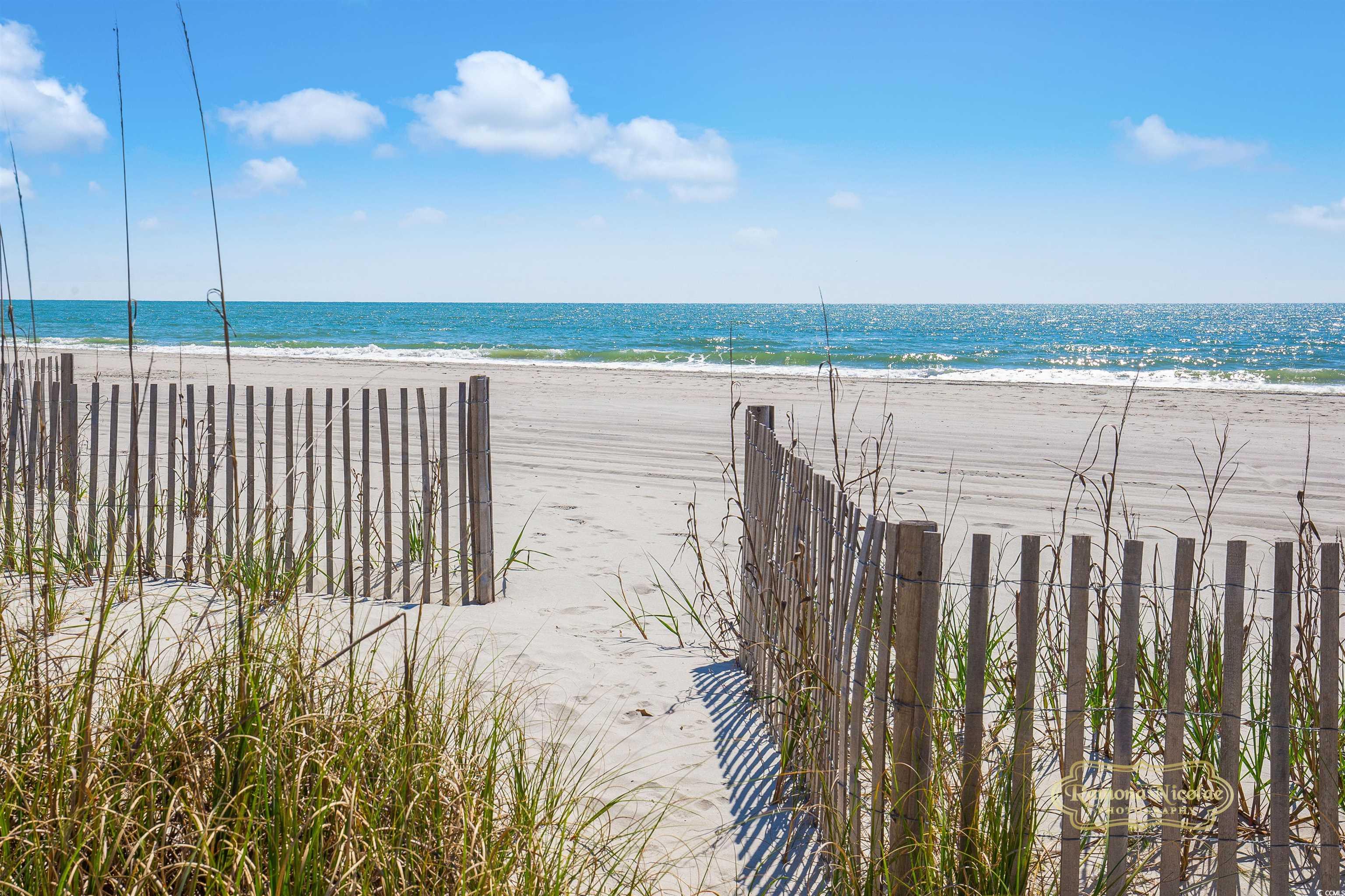 Sandy beach path through dune fencing leads to the ocean.