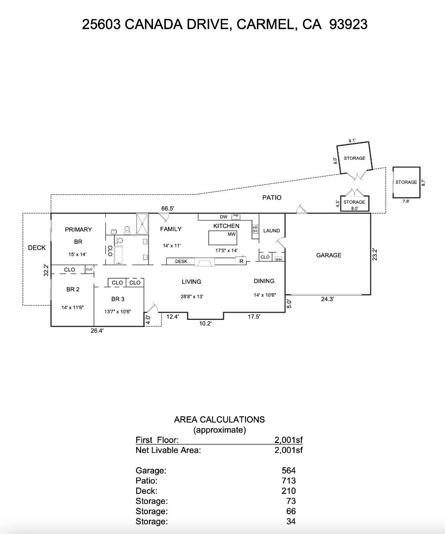 Floor plan for 25603 Canada Drive, with three bedrooms, garage, patio, and deck.