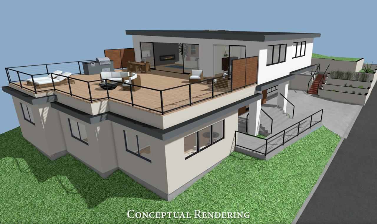 Conceptual rendering of a modern two-story home with a furnished rooftop deck and exterior stairs.