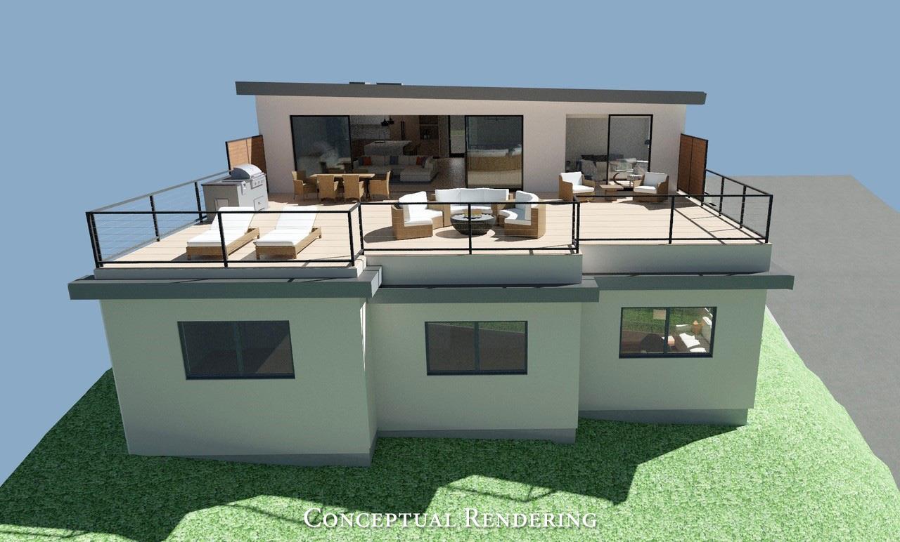 Modern home with a furnished rooftop deck, black railings, and large windows.