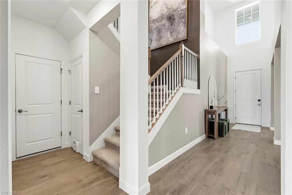 Two-story foyer with a carpeted staircase, plank flooring, and a high window above the front door.