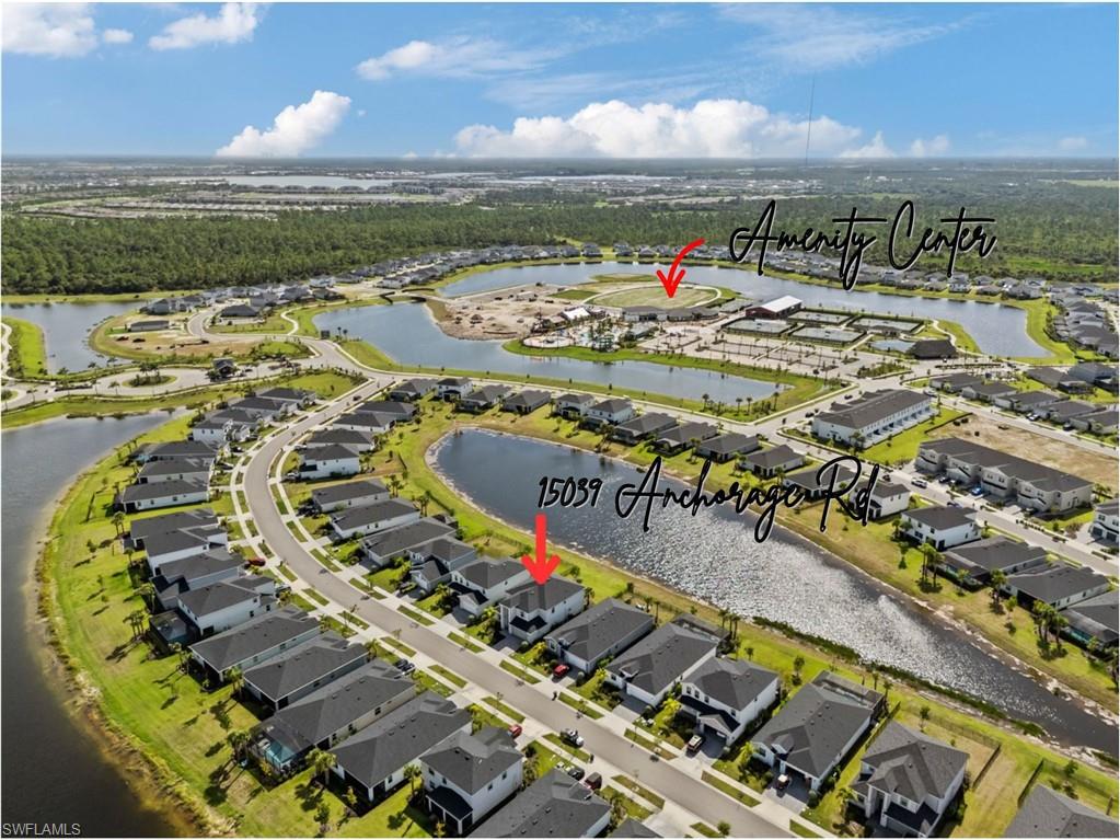 Aerial view of 15039 Anchorage Road in a lakeside neighborhood, with the amenity center marked nearby.
