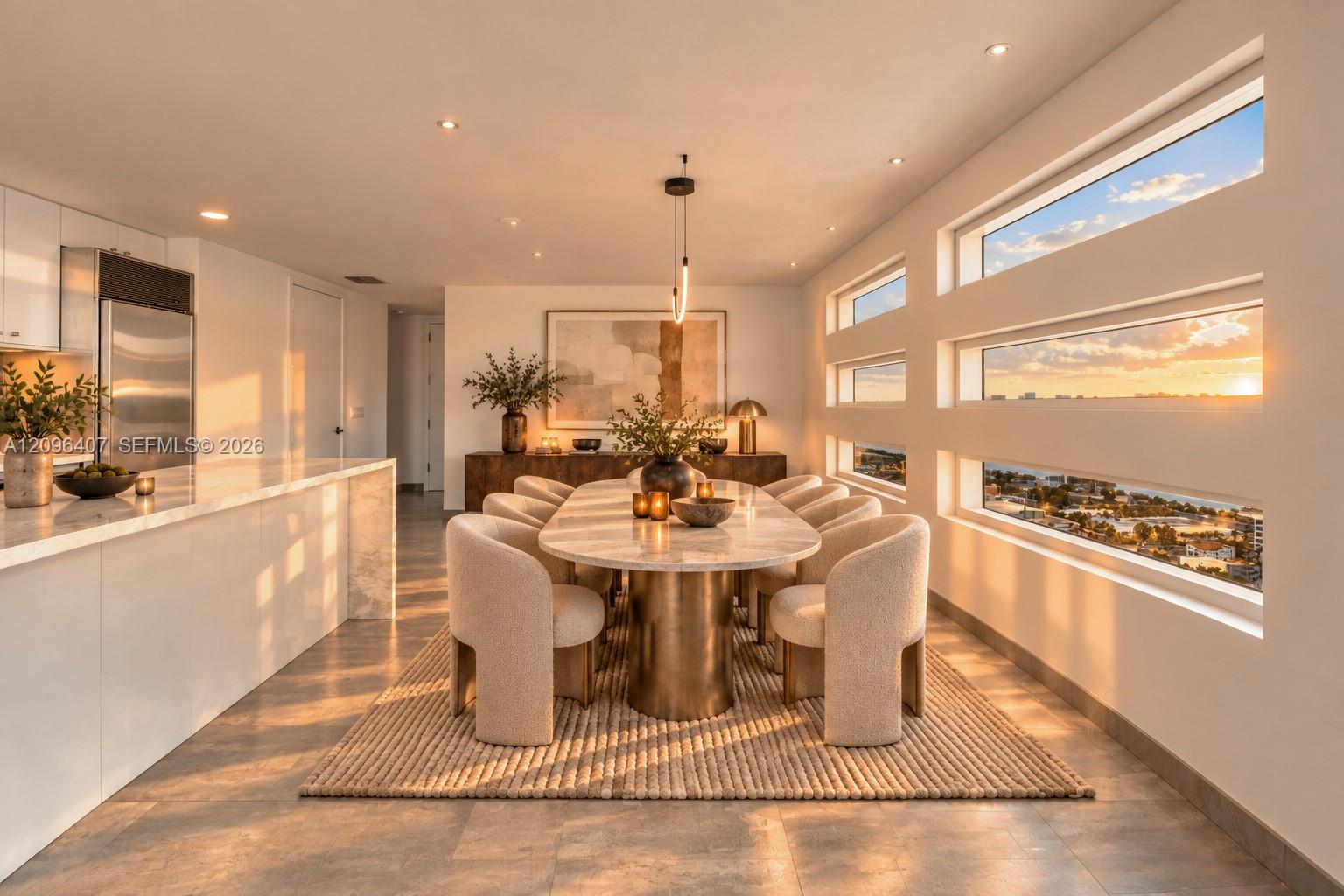Dining area with a marble table and upholstered chairs beside sunset-lit windows.