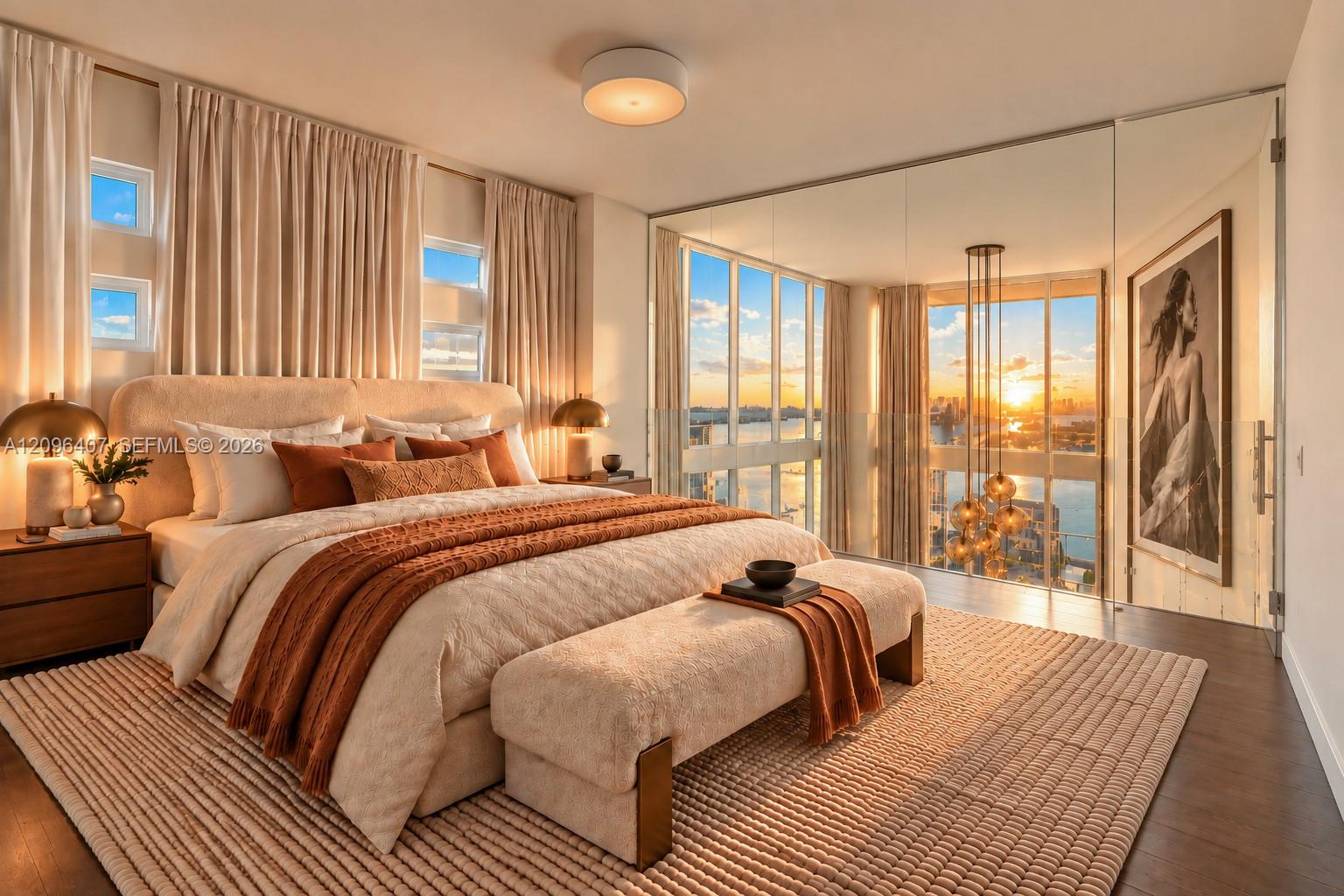 Bedroom with an upholstered bed and floor-to-ceiling windows overlooking water and the Miami skyline at sunset.