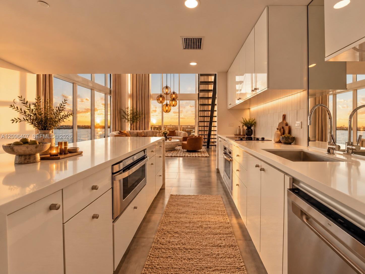 Modern white kitchen with two islands, opening to a waterfront living area at sunset.