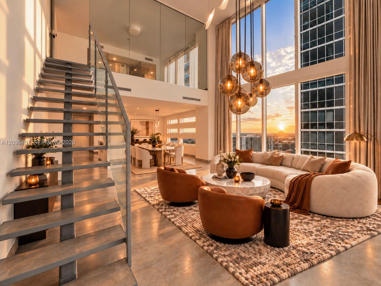 Double-height condo living room with an open staircase, curved sofa, and sunset city views.