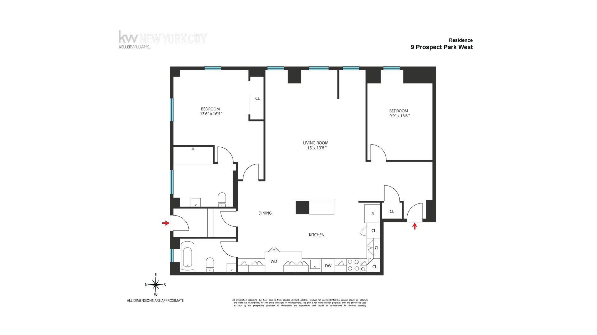 Floor plan for 9 Prospect Park West, showing two bedrooms, living and dining areas, kitchen, and two bathrooms.