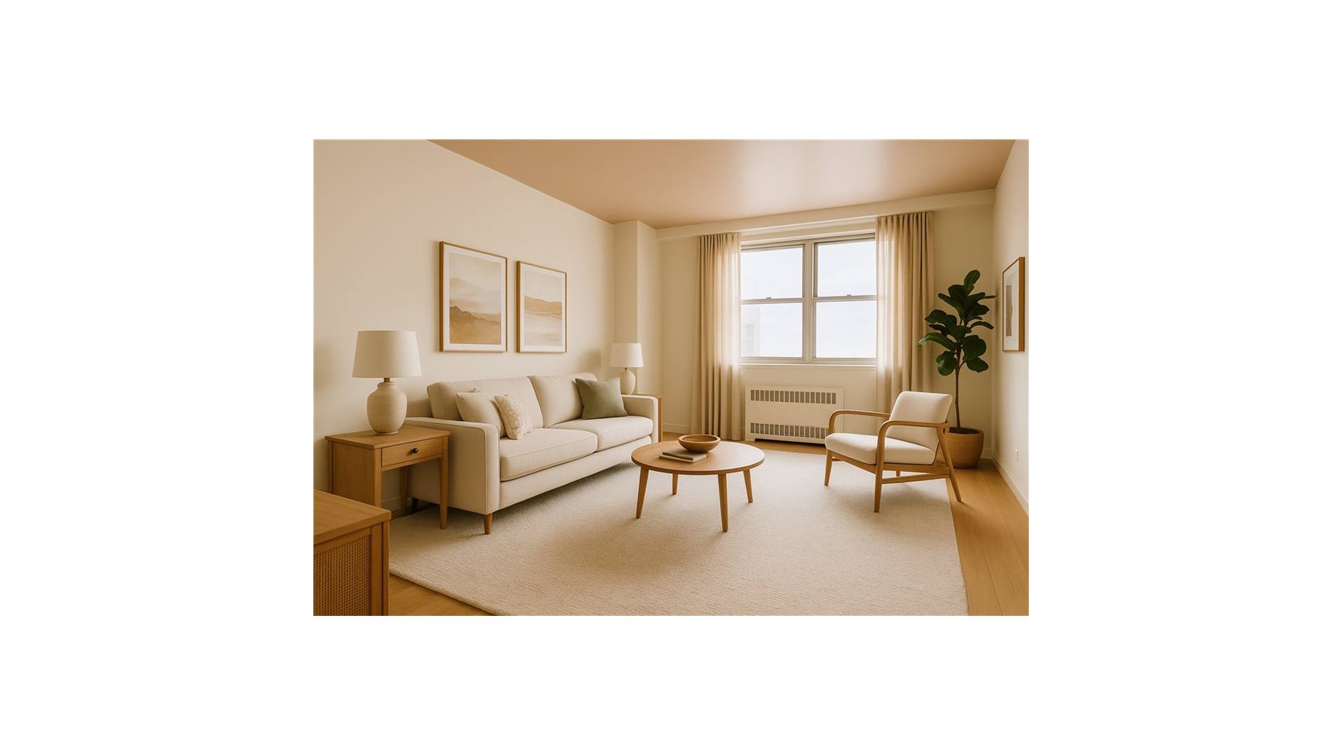 Staged living room with a cream sofa, wood furniture, and a large curtained window.