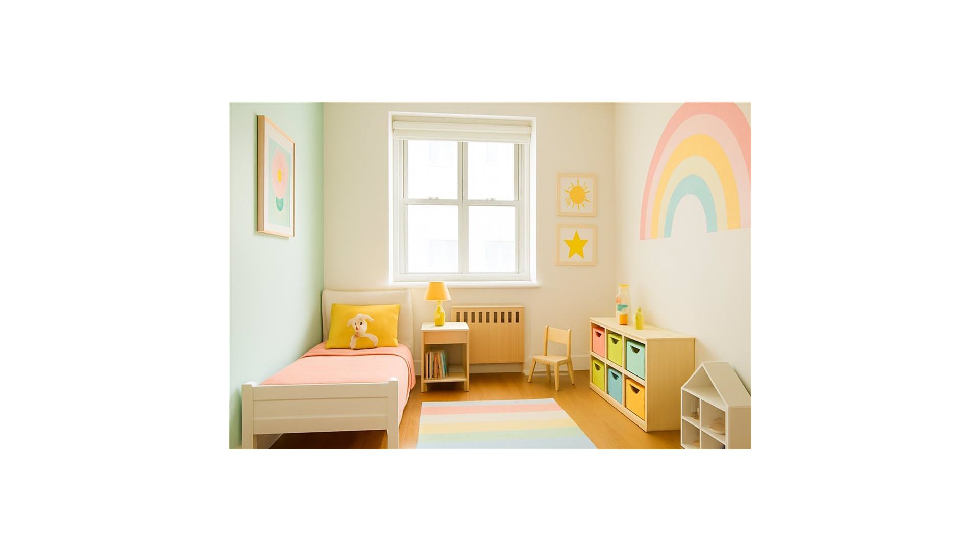 Pastel children's bedroom with a single bed, rainbow wall mural, and colorful storage bins.