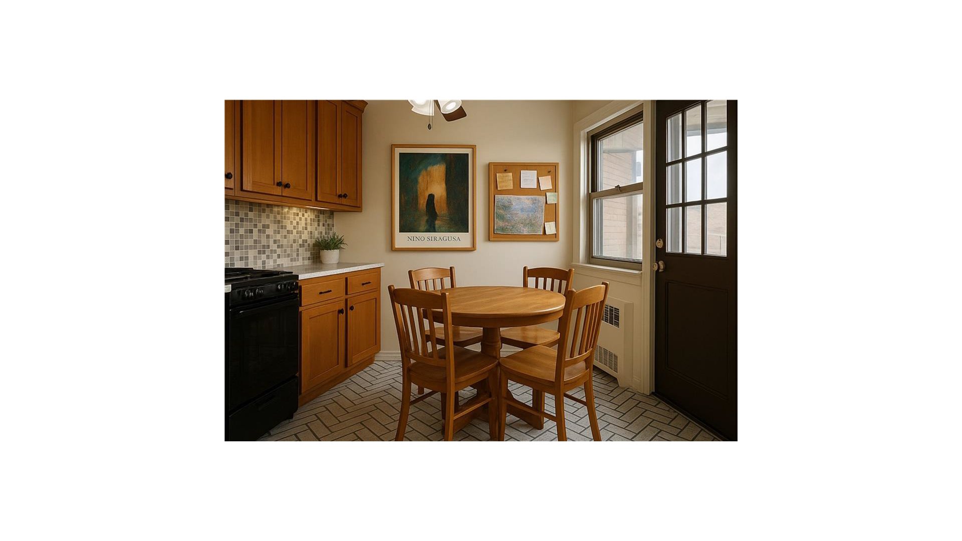 Kitchen dining area with wood cabinets, tiled backsplash, round table, and chairs beside a glass door.