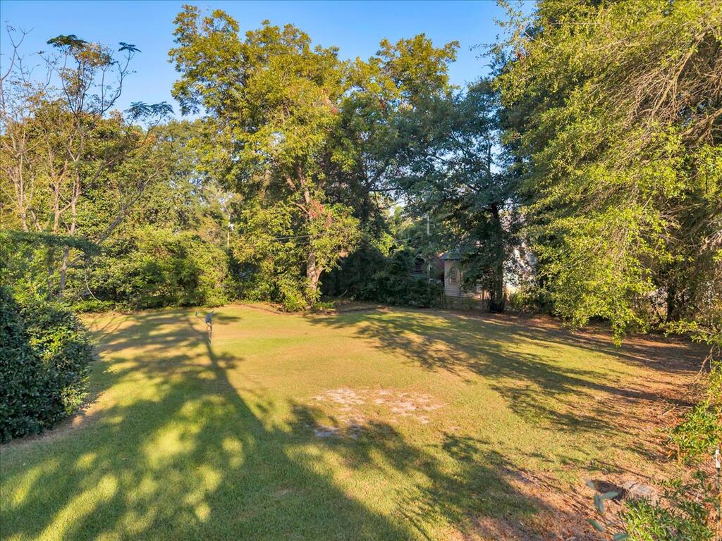 Grassy backyard bordered by mature trees, with a small outbuilding partly visible.