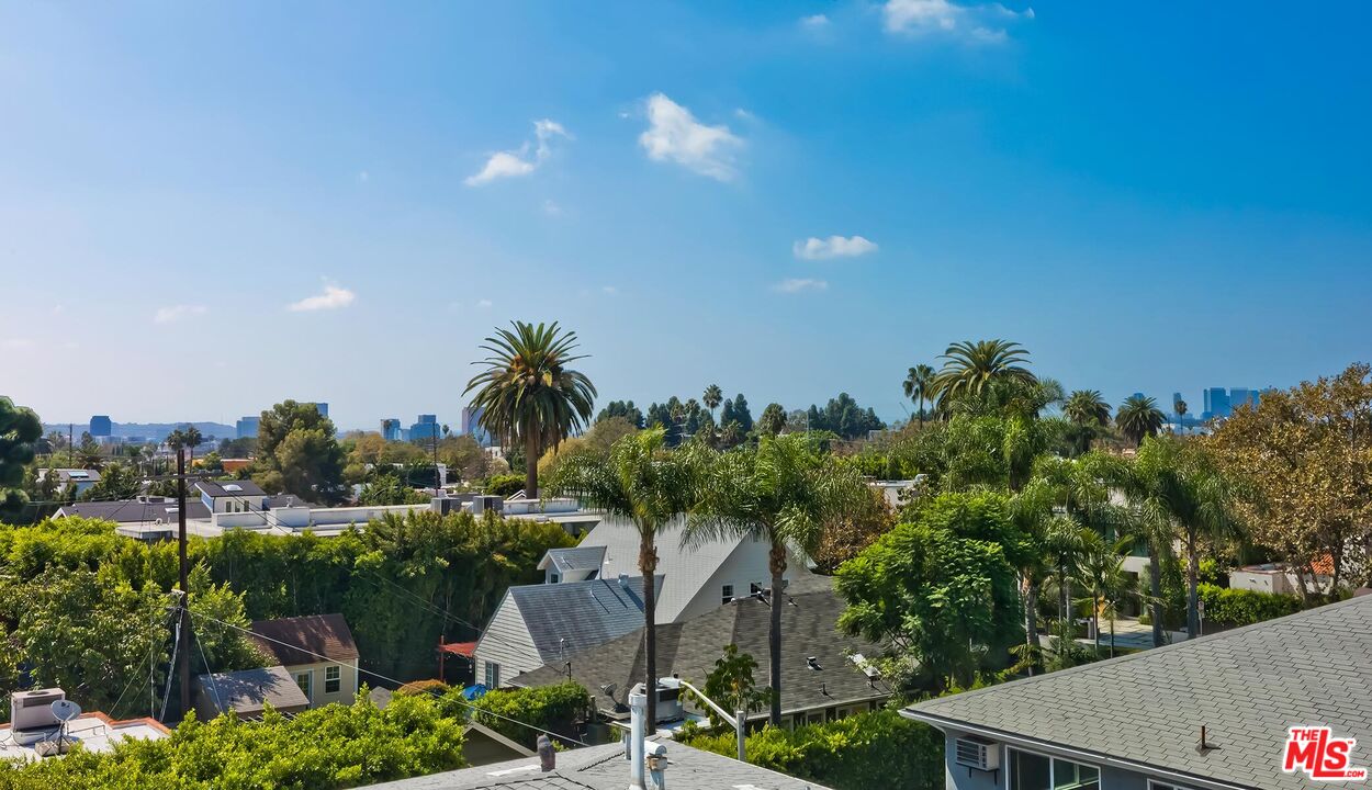 Palm-lined neighborhood rooftops with the Los Angeles skyline in the distance.