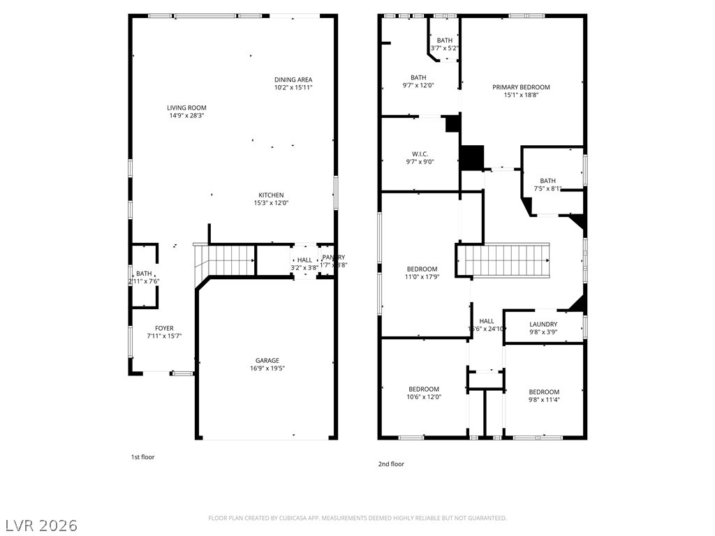 Two-story floor plan showing the living areas and garage downstairs, and four bedrooms, bathrooms, and laundry upstairs.