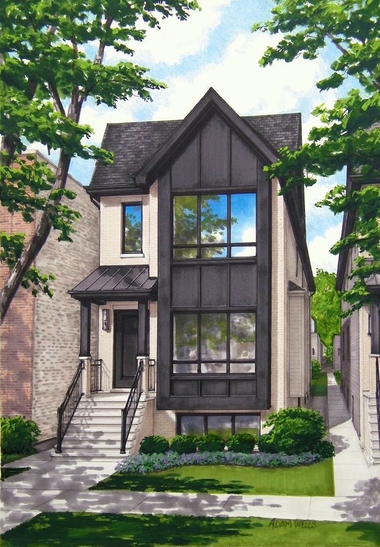 Modern multi-story home with a steep gabled roof, tall windows, and landscaped front garden.