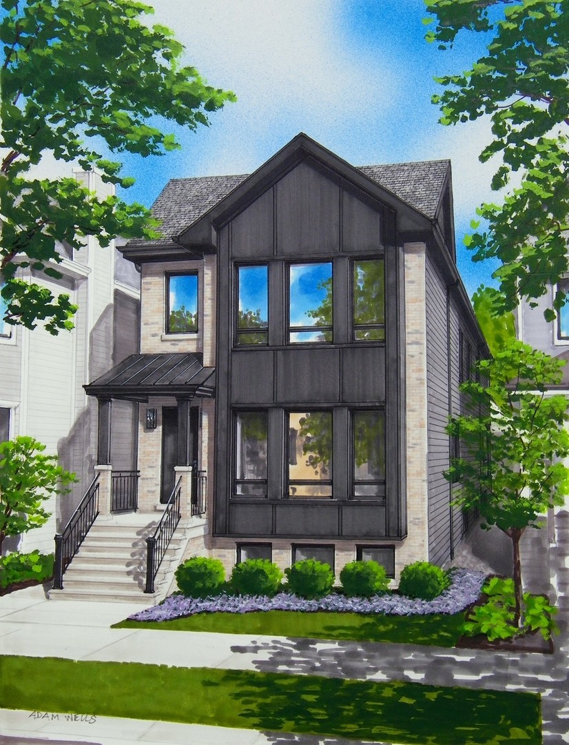 Contemporary two-story home with a dark gabled facade, large windows, and landscaped front yard.