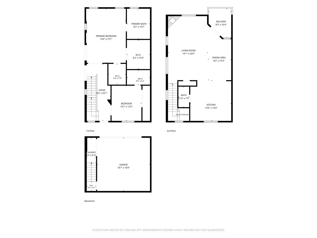 Three-level floor plan showing two bedrooms, an open living and dining area, kitchen, balcony, and basement garage.