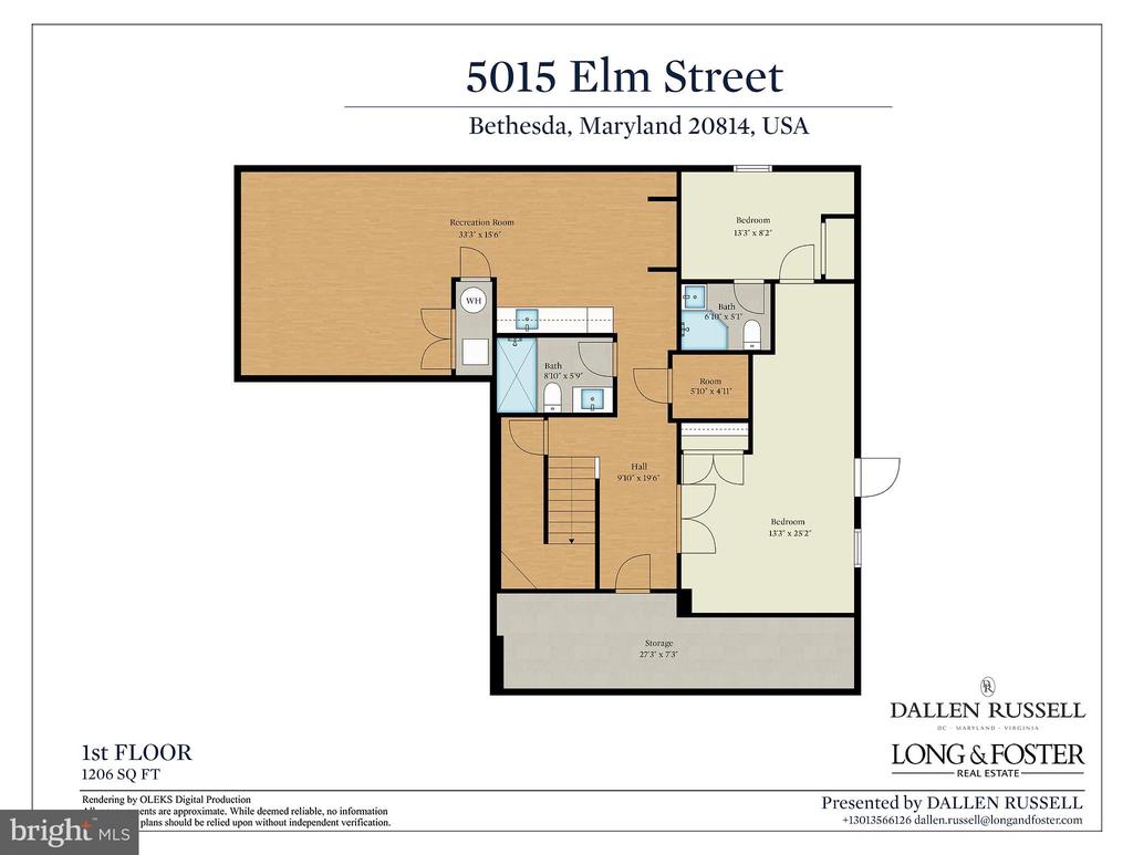 First-floor plan for 5015 Elm Street, showing two bedrooms, two baths, a recreation room, and 1,206 square feet.