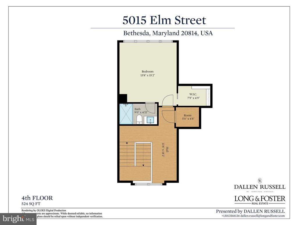 Fourth-floor plan for 5015 Elm Street, with a bedroom, bathroom, hall, and 524 square feet.