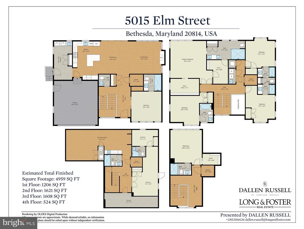 Four-level floor plan of 5015 Elm Street, with room layouts and square footage by floor.