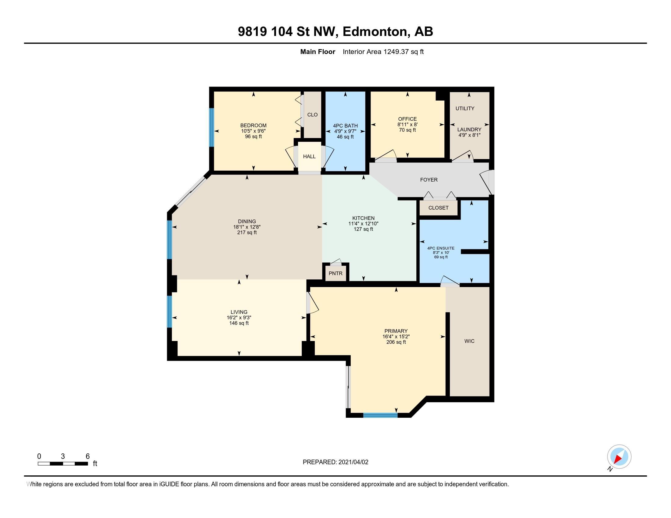 Main-floor plan for 9819 104 St NW showing the room layout and dimensions.