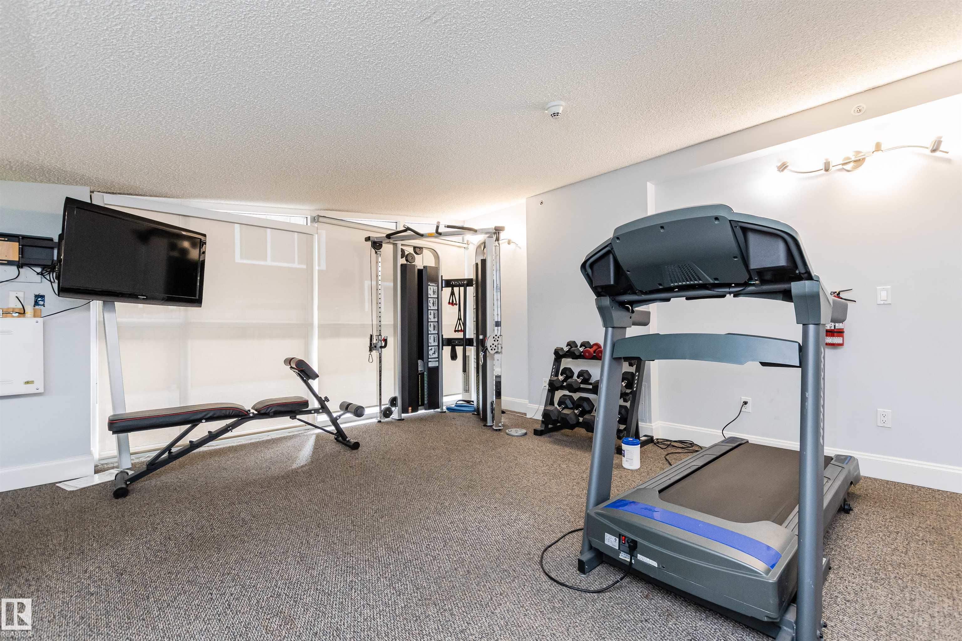 Indoor gym with a treadmill, weight bench, cable machine, and dumbbell rack.