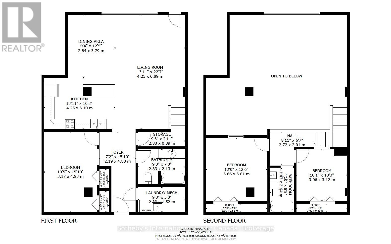 Two-level floor plan with three bedrooms, two bathrooms, an open-to-below area, and room dimensions.