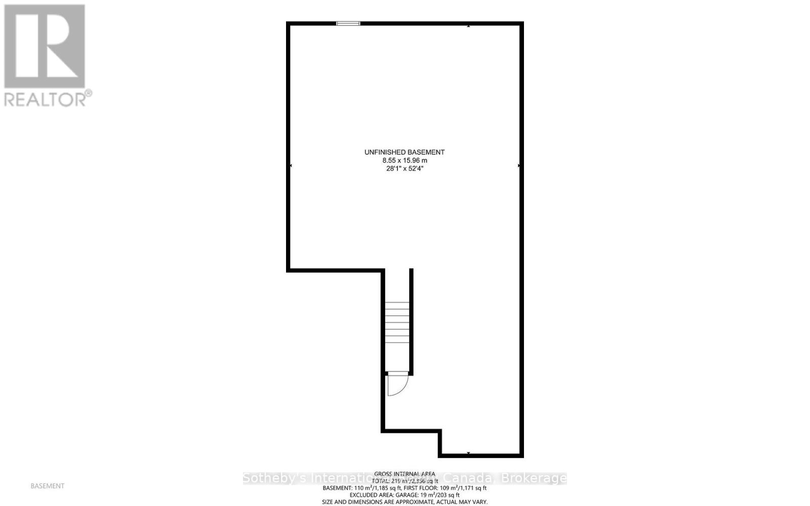 Basement floor plan showing an unfinished area and staircase.