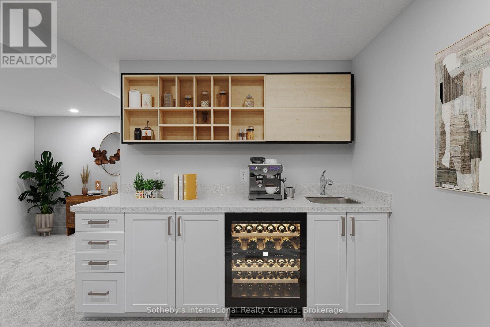 Kitchenette with a wine fridge, espresso machine, sink, and open wood shelving.