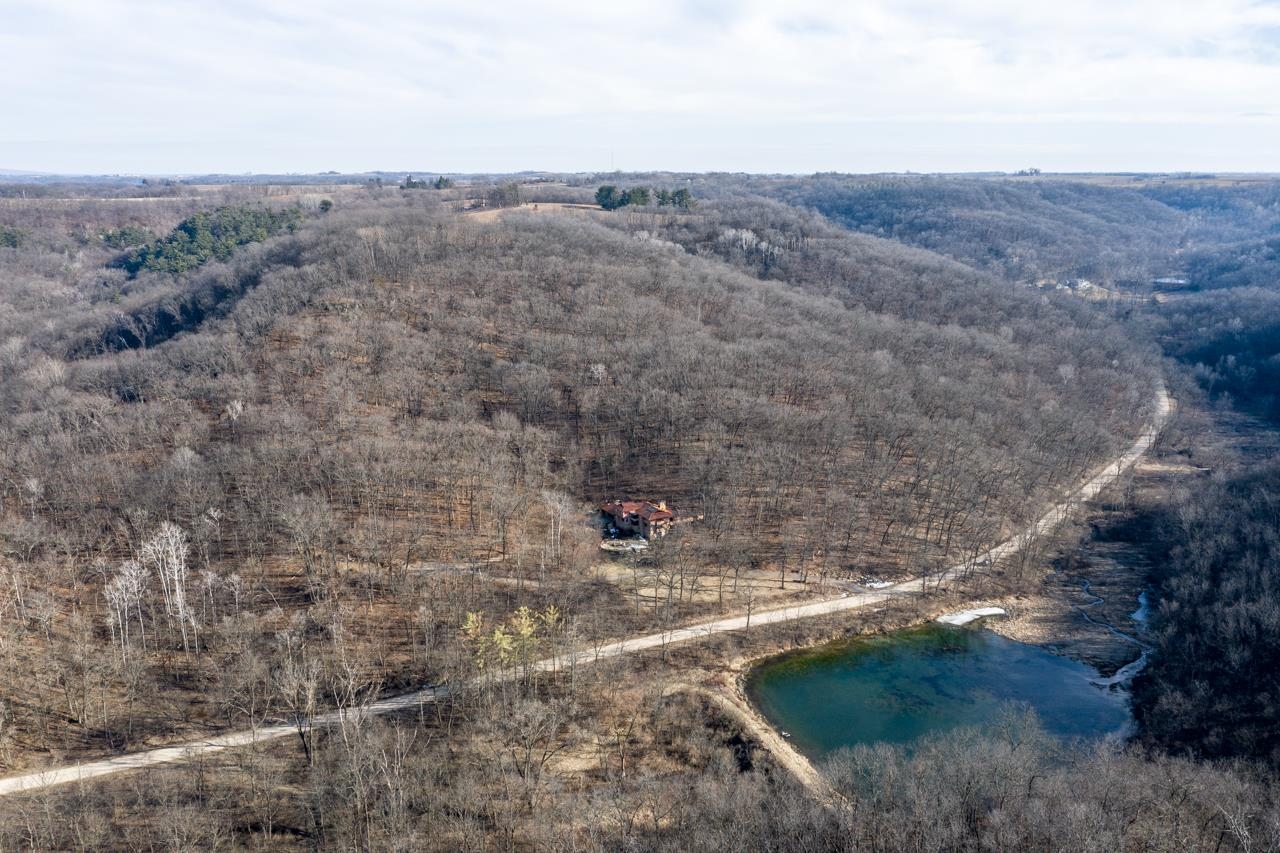 A secluded home amid leafless woodland, with a winding road and pond nearby.