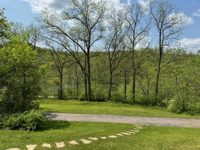 Grassy property grounds with a stone path and wooded creek beyond.