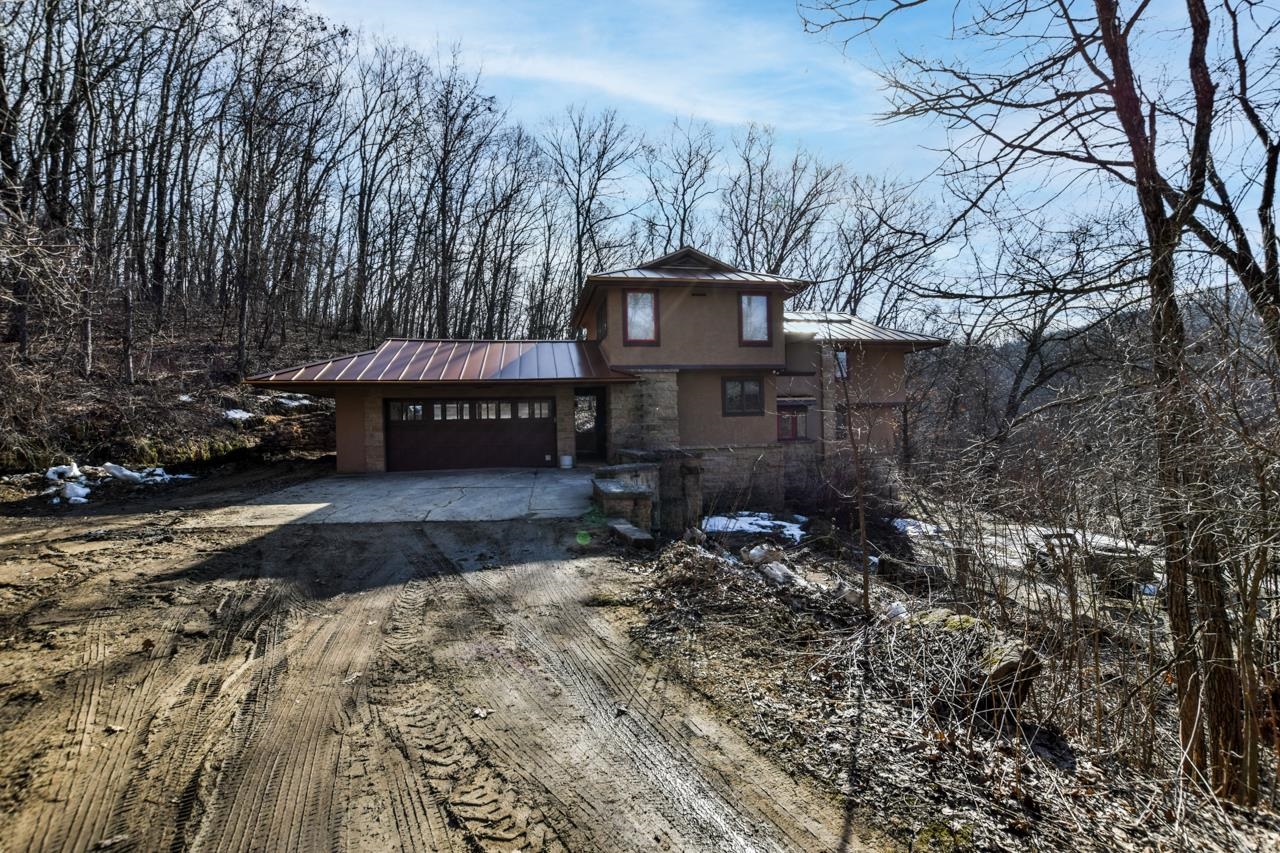 Two-story brown home with a metal roof and attached garage among leafless trees.