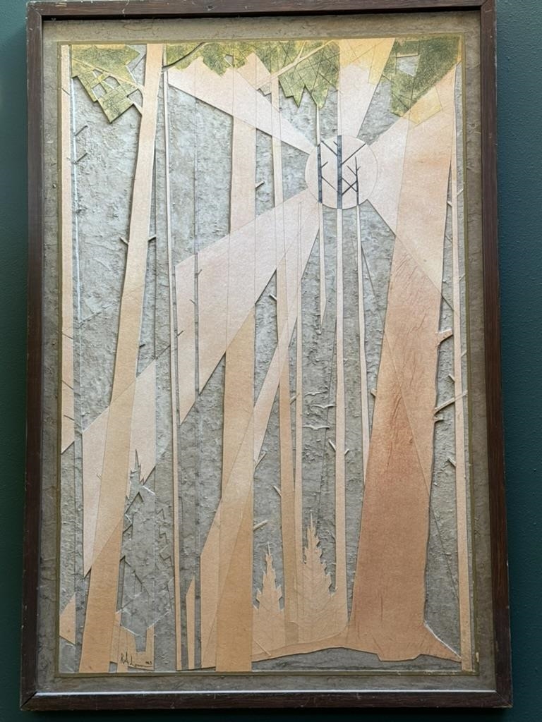 Framed abstract artwork with angular peach shapes and thin dark lines on a textured gray background.