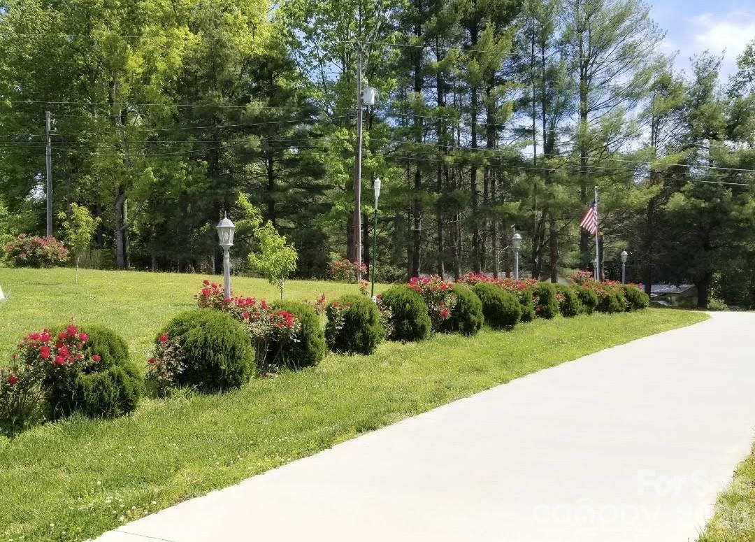 Landscaped property frontage with flowering shrubs, lamp posts, and a curving driveway.