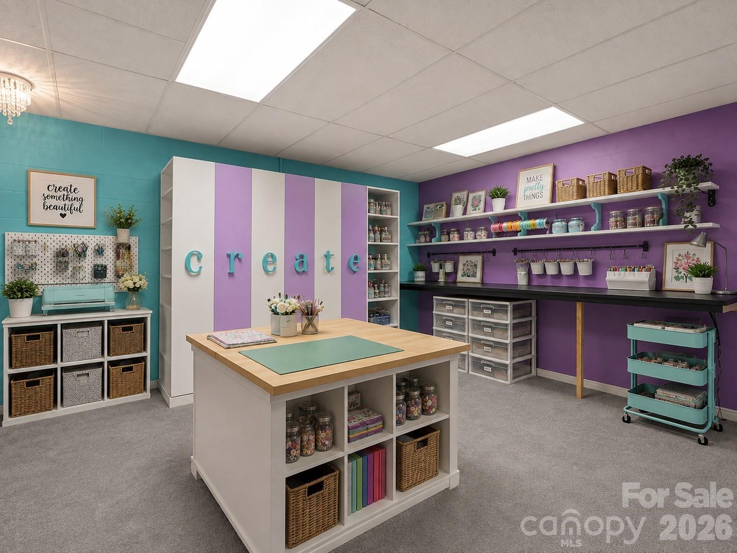 Craft room with a central worktable, colorful walls, and neatly organized supplies.