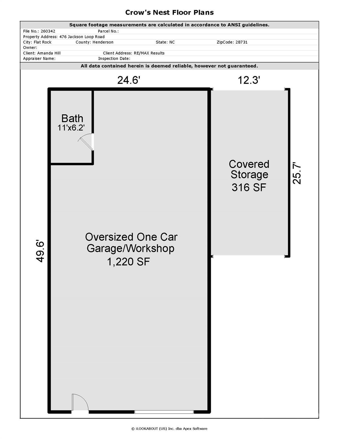 Floor plan of an oversized one-car garage/workshop with a bathroom and covered storage.