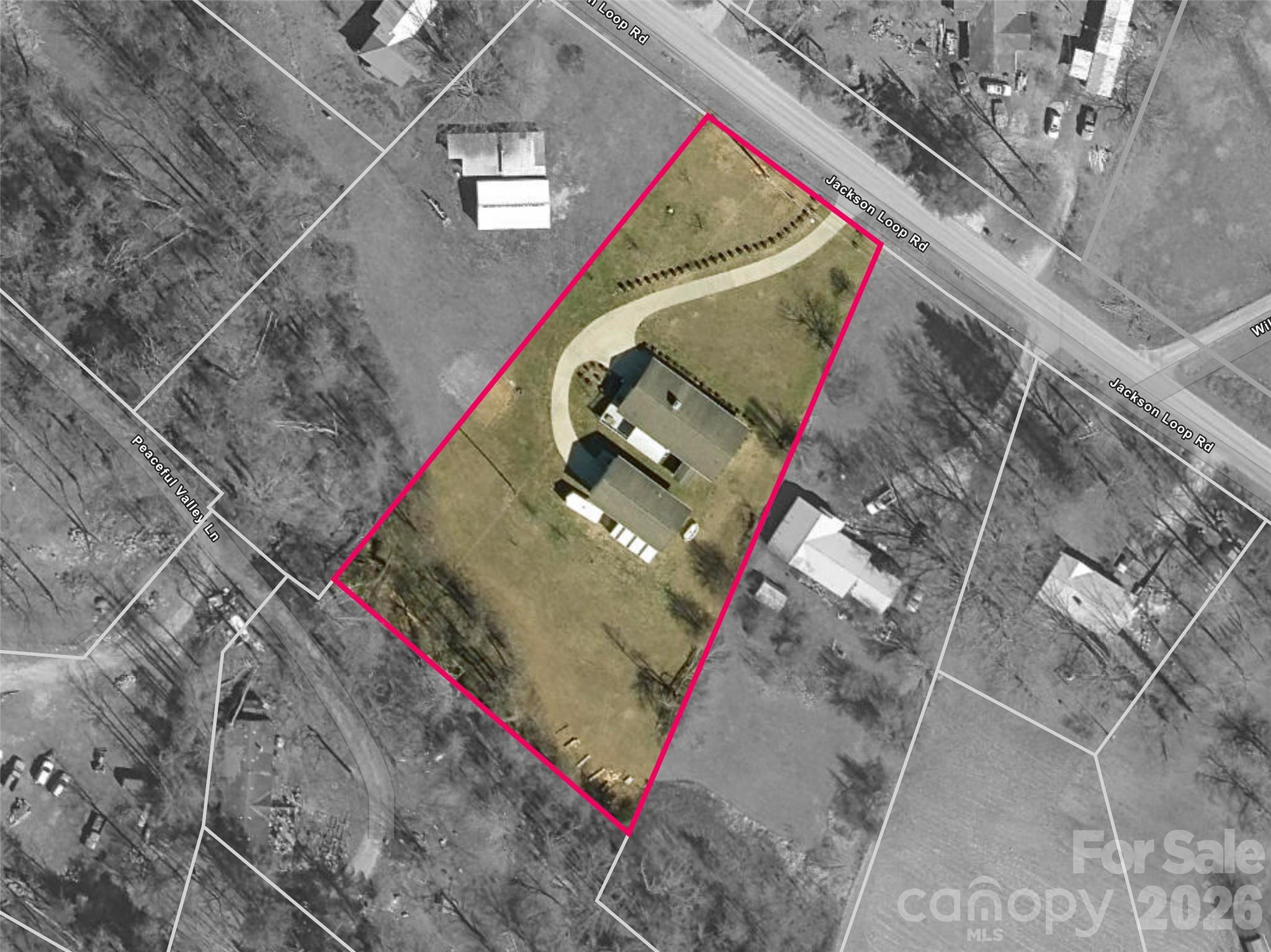 Aerial view of a house and its pink-outlined lot, with a curved driveway along Jackson Loop Road.